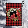 Bandera de jardín Welcome con cardenales rojos y corona sobre fondo de cuadros - Estilo de Cardenales y Corona de Acebo (HYQ95-2)