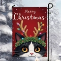 Christmas garden flag featuring a tuxedo cat with reindeer antlers on red plaid background - Antler Cat Christmas Style (HYQ95-7)