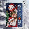 Christmas garden flag with Santa, snowman and deer featuring white Welcome text - Santa & Snowman Cartoon Style (HYQ95-9)