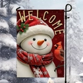 Christmas garden flag with snowman and red cardinal, golden welcome lettering on black stand - Smiley Snowman & Cardinal Welcome Style (HYQ95-11)