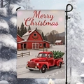 Outdoor Christmas garden flag with vintage red truck, snowy farm, and metal holder stand - Retro Red Truck & Christmas Tree Style (HYQ95-12)
