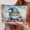 Blue Christmas elf linen zipper pouch for makeup and stationery accessories - Blue Winter Suit Pinecone Pine Branch Gnome Style (TSND69-10)