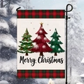Merry Christmas garden flag with plaid trim and tree design on a black metal pole - Red & Green Plaid Three Christmas Trees Style (HYQ95-13)