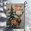 Christmas garden flag with reindeer and snow-covered tree on burlap texture - Reindeer & Christmas Tree Realistic Style (HYQ95-14)