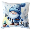 Weihnachts-Kissenbezug mit Aquarell-Zwerg-Motiv und Gartenelfe auf blauem Grund - Wichtel mit Gießkanne (CDR387-1) / 45*45cm Kurzplüsch Einseitig Ohne Kissenkern