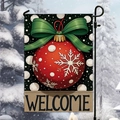 Christmas garden flag with red bauble, green bow and welcome text on metal stand - Red Polka Dot Christmas Ball Welcome Style (HYQ95-17)