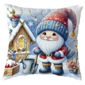 Christmas gnome pillow cover featuring a cute elf with shovel in winter scene design - Gnome with Shovel and Cabin (CDR387-6) / 45*45cm Short Plush Single Sided Without Core