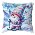 Christmas pillow cover with cute cartoon skiing gnome design in pink and blue colors - Skiing Gnome Pink Blue Tone (CDR387-8) / 45*45cm Short Plush Single Sided Without Core
