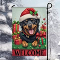 Christmas garden flag with cartoon Rottweiler and Welcome greeting in a snowy outdoor setting - Rottweiler with Santa Hat Welcome Style (HYQ95-22)