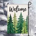 Outdoor Christmas garden flag with Welcome text and pine trees on a black metal hanger - Forest Pine Trees Welcome Style (HYQ95-25)
