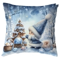 Square Christmas pillow case with cute Santa Claus illustration on winter blue background - Gnome with Tree and Basket (CDR387-10) / 45*45cm Short Plush Single Sided Without Core