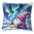 Christmas gnome pillow cover featuring watercolor northern lights and a warm lantern - Gnome with Lantern and Aurora (CDR387-11) / 45*45cm Short Plush Single Sided Without Core