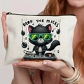 Cream canvas zipper pouch with cool black cat DJ print and Drop the Mices slogan - DJ Cat (TSND71-5) / 21.5x15cm