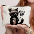 Off-white canvas cat zipper pouch with meowcha babe cat drinking boba tea illustration - Boba Cat A (TSND71-8) / 21.5x15cm