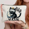 Canvas makeup bag featuring a cute black cat Nap Queen print and a secure black zipper - Nap Queen Cat (TSND71-11) / 21.5x15cm