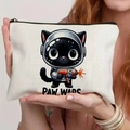 Off-white canvas cat pouch with PAW WARS astronaut print and black zipper detail - Astro Cat (TSND71-13) / 21.5x15cm