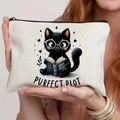 Canvas makeup bag featuring a cat reading a book with Purrfect Plot artistic lettering - Book Cat (TSND71-15) / 21.5x15cm