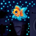 Luminous goldfish and bubbles wall stickers set with glowing blue fluorescent effect - Blue Glow (YG_B083)
