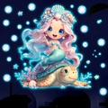 Adesivo murale fluorescente con sirenetta su tartaruga marina e bolle blu per bambini - Luce Blu (YG_B087)