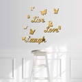 Adesivi murali a specchio acrilico dorato Live Love Laugh con farfalle decorative - Oro
