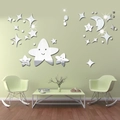 Pegatinas de pared de espejo acrílico de estrellas y luna para decoración de salón y dormitorio - Plateado