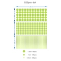 Detailed chart showing 522pcs glow in the dark dot stickers in three different sizes - Glow Dot Combination (3650)
