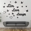 Adesivi murali 3D in acrilico a specchio con scritta Live Love Laugh e decorazioni a farfalla - Nero (XN122 Nero)