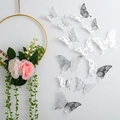 3D hollow silver metallic butterfly wall stickers with intricate laser-cut patterns - Silver (Style E)