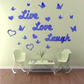 Detailed blue acrylic 3D mirror wall stickers featuring Live Love Laugh and heart shapes - Blue (XN122 Blue)
