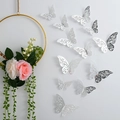 3D metallic silver hollow butterfly wall stickers with intricate patterns in flight - Silver (Style B)