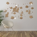 Golden 3D acrylic mirror wall stickers featuring underwater fish and bubbles set - Brown
