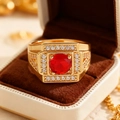 Makroaufnahme eines Herren-Goldrings mit großem quadratischen roten Edelstein in Box - US 7 / Gold Quadratischer Roter Edelstein