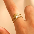 Double-layered gold sun ring with white center stone and twisted rope detail - 18k Gold Plated (G-107)