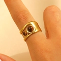 Detail of wide 18k gold plated stainless steel ring with dual tiger eye stones on finger - 哑光双石宽版款式(N-591) / 18K Gold