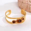 18k gold plated stainless steel cuff bracelet with three oval tiger eye stones - Tiger Eye Bangle (WG-1308)