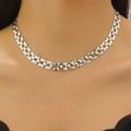 Silver watchband-style chain choker with rectangular links on a female model - Wide Choker Necklace (Silver)