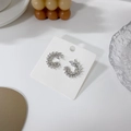 Silver wheat leaf ear studs with sparkling cubic zirconia on a jewelry display card - Silver Rhinestone Wheat Ear Studs (WG3-0808)