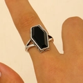 Gothic punk ring featuring a black coffin stone and vintage silver metal finish - Vintage Silver Black Coffin Style (6164) / Antique Silver