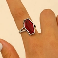 Gothic silver ring with dark red coffin-shaped gemstone and intricate rose detail - Vintage Silver Red Coffin Style (5677) / Antique Silver
