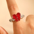 Gothic silver ring featuring double scarlet coffin-shaped gems and floral engraving - White Gold Double Coffin Rose Style (0343) / White K (Shiny Silver)