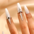 Gothic silver sword and cross nail rings set with black gems for a punk aesthetic style - Sword Style Nail Ring 2-Piece Set / Two-Piece Set / Silver Black