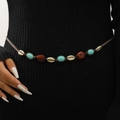 Detail of bohemian waist chain with turquoise, brown stones and shells on woven cord - Turquoise Shell Metal Style / Antique Gold (01 Antique Gold 1484)