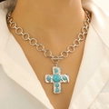 Collana con ciondolo a croce argento con pietre turchesi e catena a maglie tonde - Croce Stile Turchese Martellata (X088)