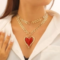 Retro gold layered heart necklace with red resin pendant and chunky metal chains - Double Layer Red Heart Pendant Necklace (Gold)
