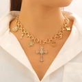 Elegant gold charm necklace with cross, heart and key pendants on a white shirt - Medium KC Gold 0448 Multi-Pendant Combined Gold Trendy Necklace