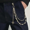 Three-layer gold waist chain with cross pendant, colorful rhinestones and pearls - Triple Layer Cross Pearl Waist Chain (A-178) / Gold Style A-178