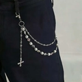 Multilayer silver pants chain with skull charms, white pearls and a colorful cross pendant - Silver Cross Pearl Pants Chain (A-180) / Silver Style A-180