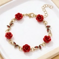 Pulsera de rosas rojas retro dorada con hojas delicadas y cierre de mosquetón ajustable - Pulsera de Hoja de Rosa Roja Vintage (K-1043) / Oro KC Antiguo
