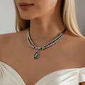 Double-layered silver beaded necklace with multifaceted dark grey geometric pendant - Necklace (G-493) / Silver