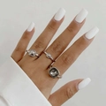 Set di tre anelli in metallo argento con gemma grigia sfaccettata e accenti geometrici quadri - Set 3 Anelli Minimalisti Moderni (S124) / Argento